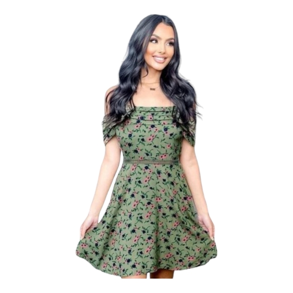 NWT Verte Olive Green Pink Floral Summer Cold Shoulder Pretty Dress Size: Large - Picture 2 of 10